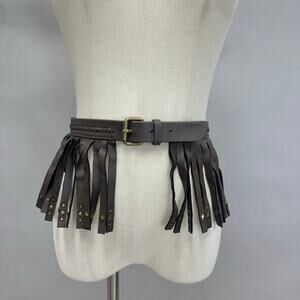 BCBGMAXAZRIA tassel Fringe studded faux leather brown statement skirt belt Small
